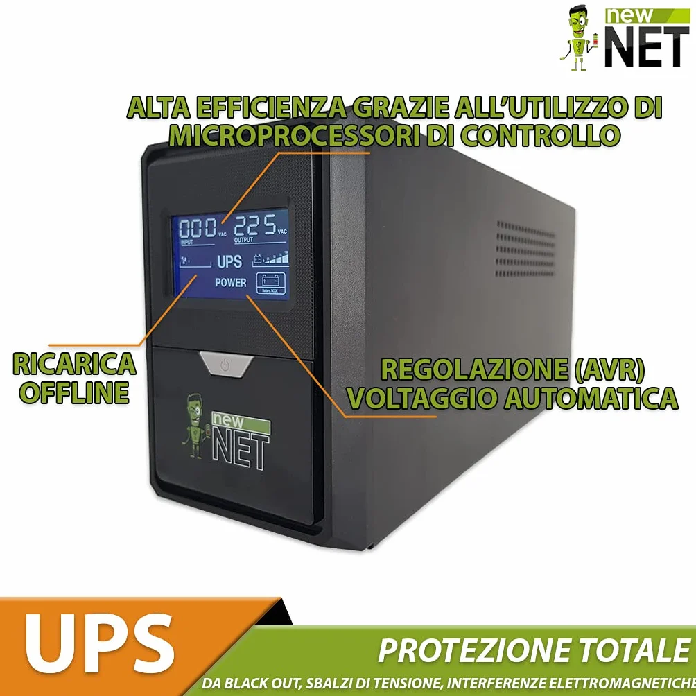new net ® ups/Stabilizator prądu i napięcia dla PC Monitor DVR kamery światłowodowe router alarm modem z wyświetlaczem [ 1200 VA - 700 W - 3 gniazda Schuko ]