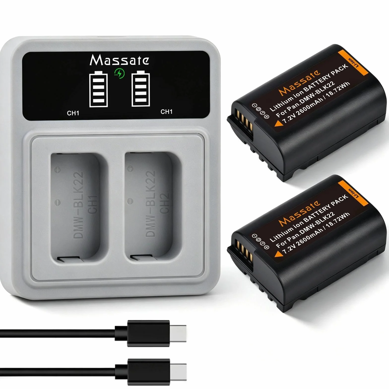 Zestaw 2 baterii DMW-BLK22 2600 mAh + szybka ładowarka LED PD20W – pełne ładowanie w ciągu 2,5 godziny, akumulator do kamer Panasonic Lumix GH5, GH5 II, GH6, GH7, S5, S5 II, S5 IIX, S9, G9 II
