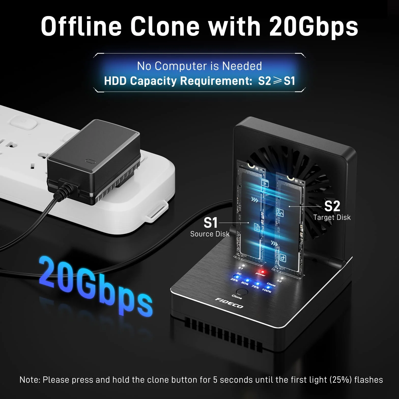 FIDECO M.2 NVMe SATA SSD Cloner Dock, USB 3.2 Gen 2, 20 Gb/s NVMe Cloner Duplicator ze składanym wentylatorem chłodzącym, obsługa klonu offline, UASP i TRIM, aluminiowa konstrukcja
