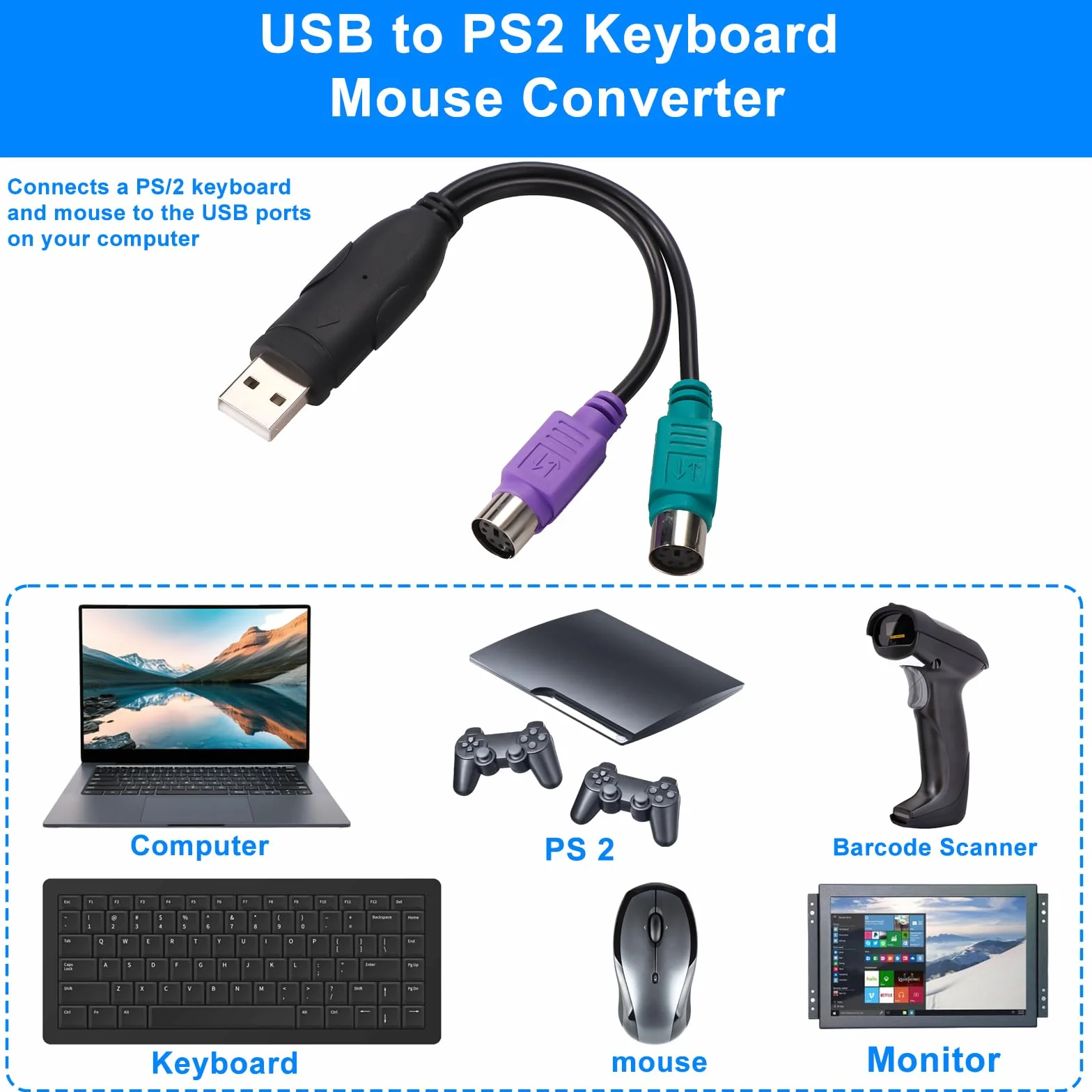 2szt Adapterów PS2 do USB, 18,9cm Długości Konwerter Klawiatury i Myszy PS/2 na USB (Porty Fioletowe i Zielone)