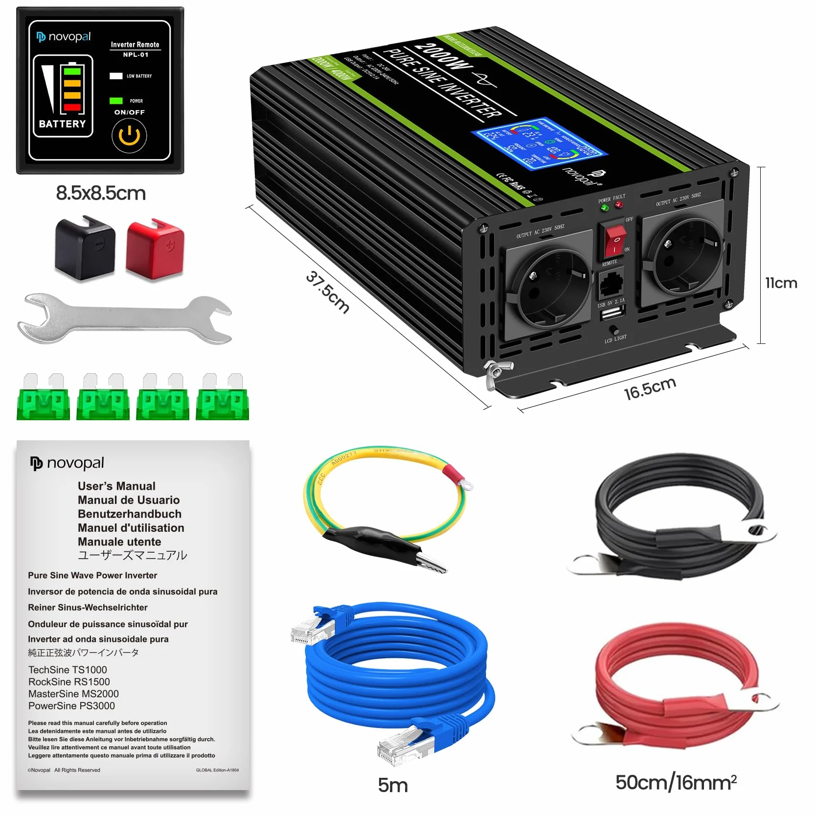 NOVOPAL Przetwornica napięcia, 2000 W, 24 V, 230 V, czysty sinus z wyświetlaczem LCD i przyłączem USB, 2 gniazda AC z wyjściem USB i pilotem zdalnego sterowania 5 m