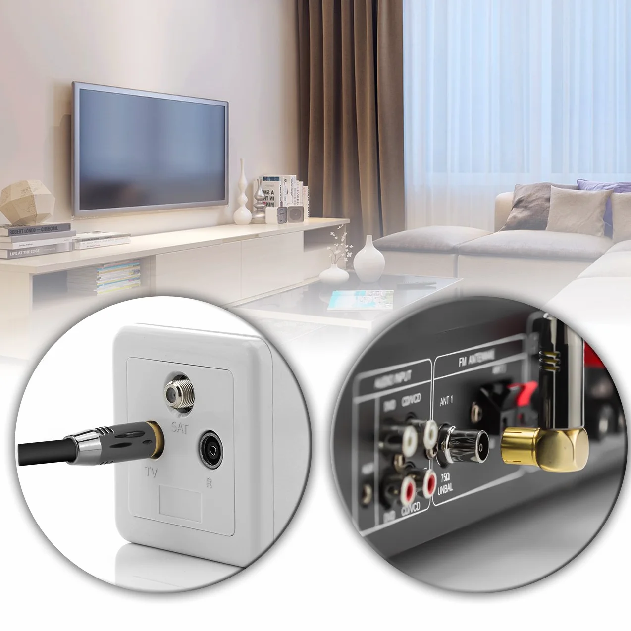 deleyCON 1,5m Kabel Antenowy TV 4K, Koncentryczny - 4K Ultra HD Full HD HDTV - 1x Wtyk IEC Kątowy 90° do Gniazda IEC Prostego - TV/Radio DVB-T2, Metalowe Złącza - Czarny