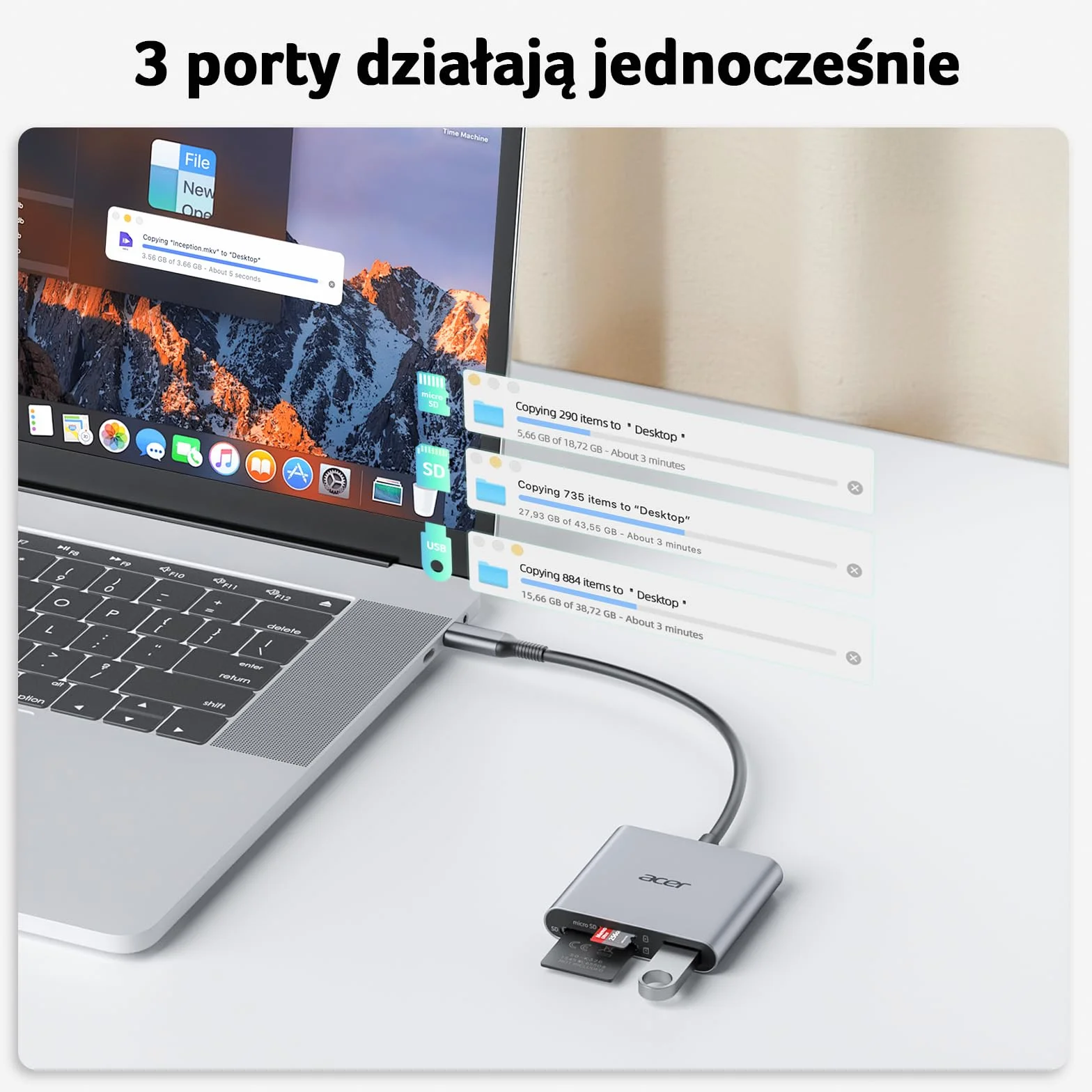 Acer Czytnik kart SD USB 3.0 Adapter 3 w 1 USB C Aluminium karta pamięci TF UHS-I SDXC SDHC MMC RS-MMC do iPhone 16 15 MacBook Pro Air iPad Pro Android Galaxy S24