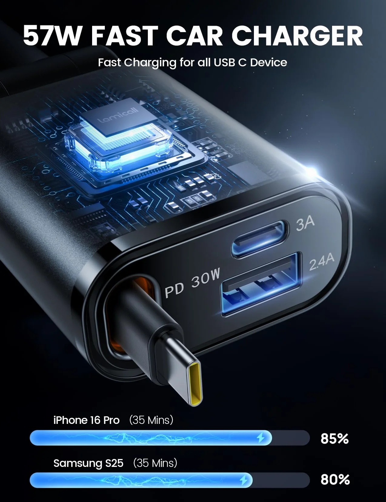 Lamicall Wysuwany adapter ładowarki samochodowej 50 W, 3 w 1 z wysuwanym kablem USB