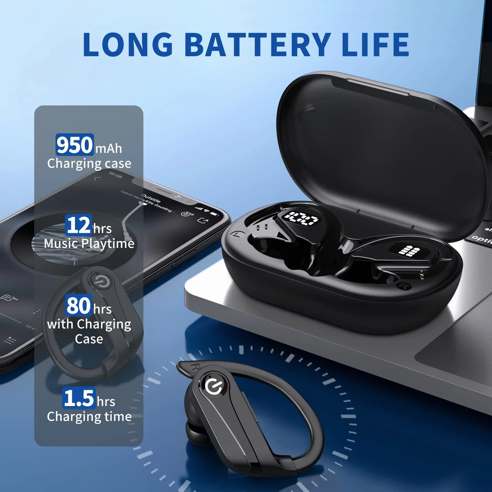Bezprzewodowe słuchawki douszne Bluetooth z mikrofonem, 72H bezprzewodowe słuchawki Bluetooth 5.3, sportowe słuchawki douszne z cyfrowym wyświetlaczem LED, wodoszczelne IPX7, słuchawki dokanałowe z