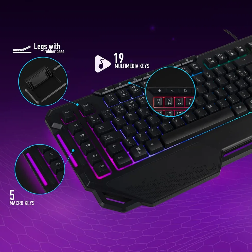NGS GKX-450 klawiatura membranowa do gier z oświetleniem RGB, włoska klawiatura QWERTY, programowalna, 19 klawiszy multimedialnych, kabel 1,8 m, czarna