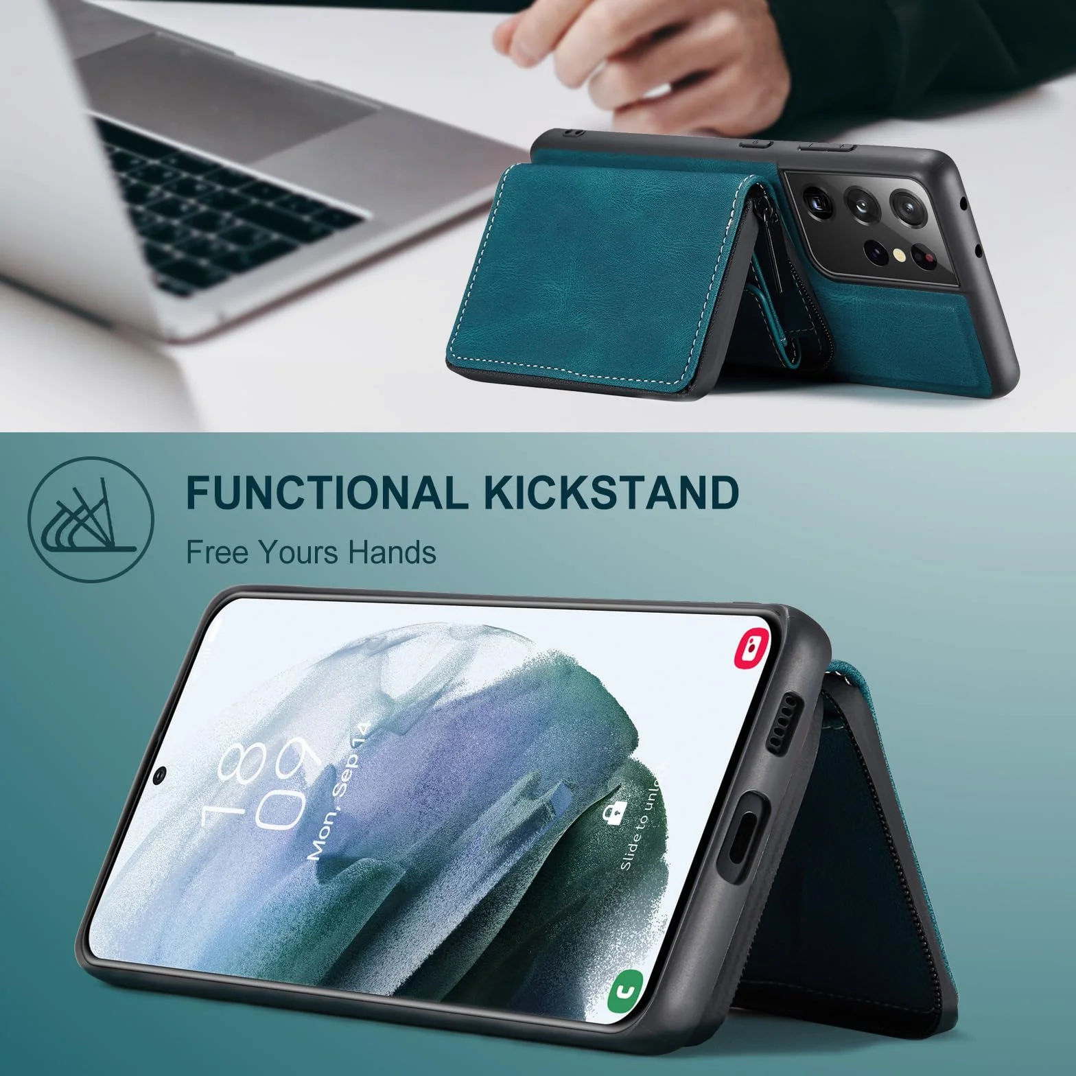 Skórzane etui do Samsung Galaxy S24 Ultra/S24 Plus/S24, ultracienkie etui portfelowe z kieszenią na zamek błyskawiczny, etui premium biznesowe, odporne na wstrząsy, niebieskie, S24 Ultra