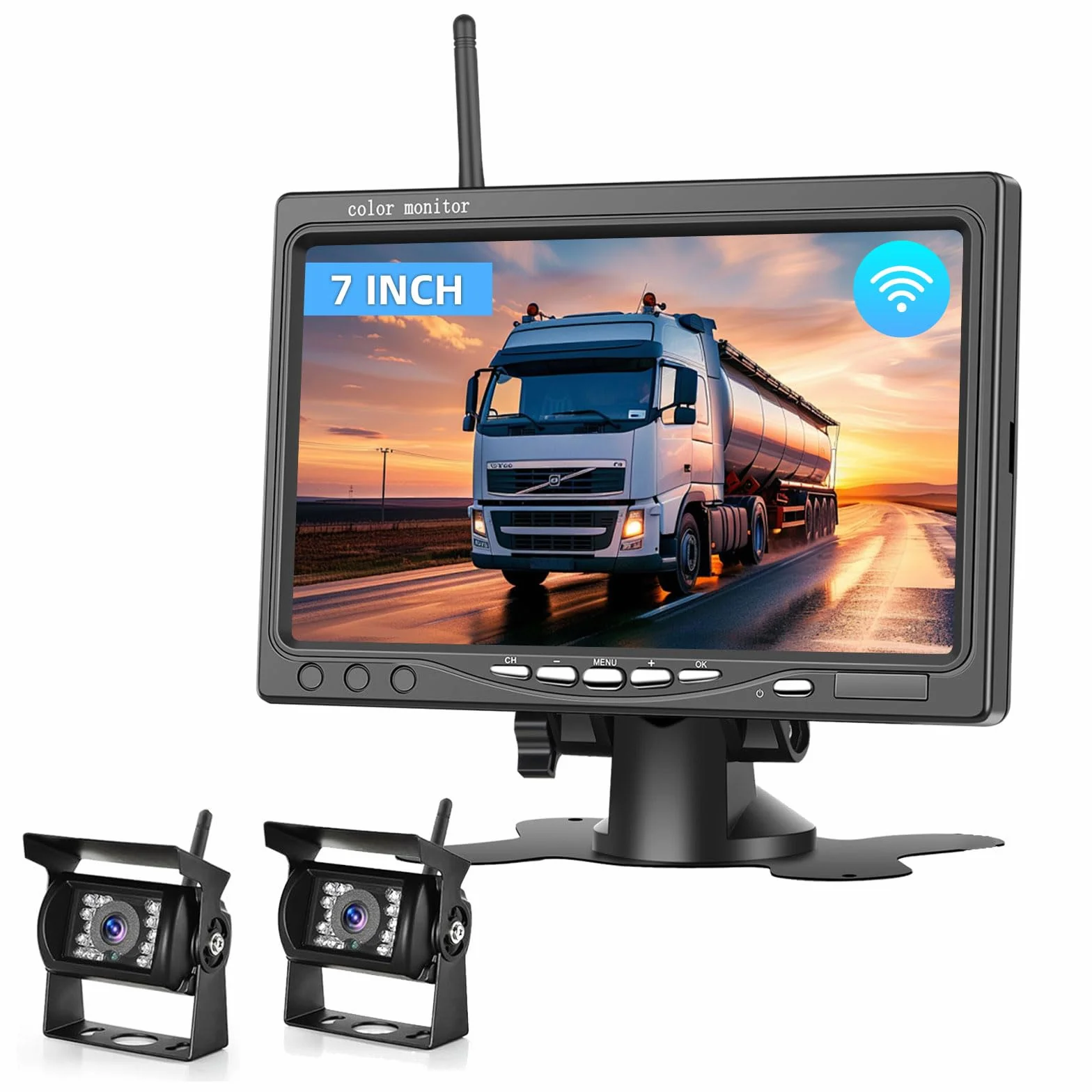 Inefala Zestaw cyfrowych bezprzewodowych kamer cofania z 7-calowym HD 1080P monitorem i 2 kamerami cofania, bezprzewodowa kamera cofania z funkcją radiową z wodoodpornością IP68, widzenie w nocy dla