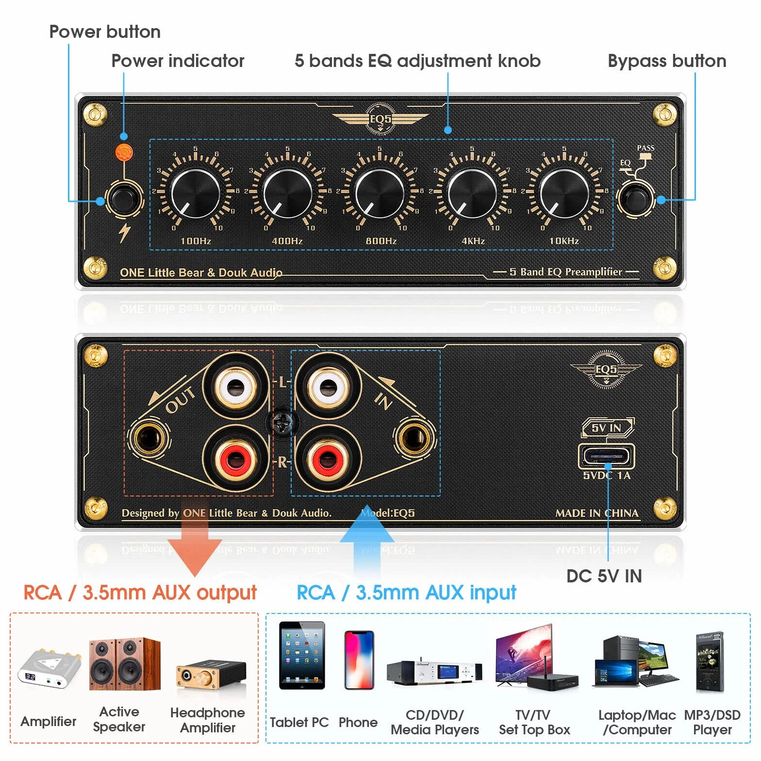 Douk Audio EQ5 mini przedwzmacniacz 5-pasmowy EQ przedamp stereo, analogowy equalizer, przenośny procesor audio do domu/samochodu (EQ5)
