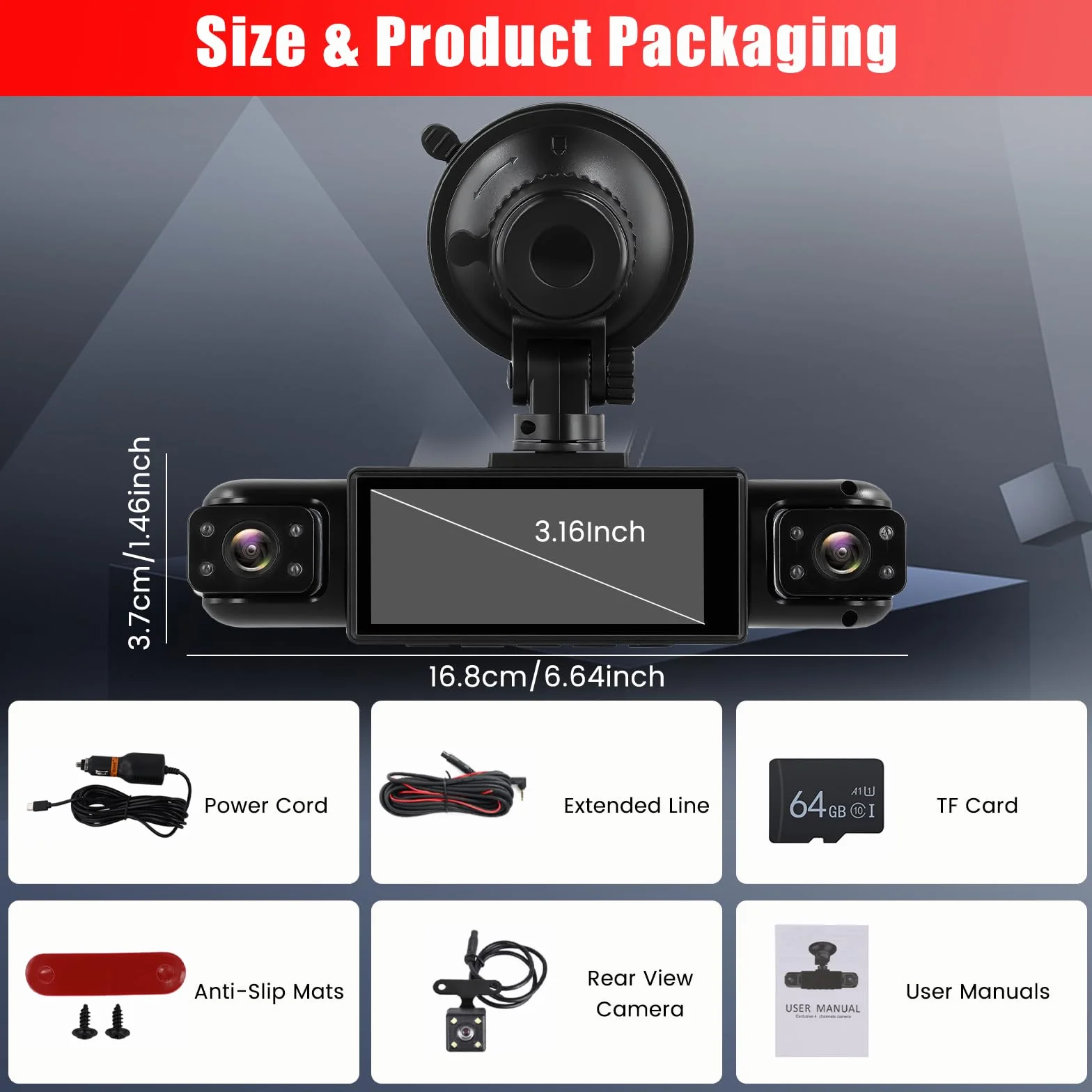 1080P Dash Cam 360 stopni 4 kanały ekranu 3,16 cala | Dashcam z kartą SD 64G G czujnik, kamera cofania, tryb parkowania 24H, noktowizor, nagrywanie w pętli