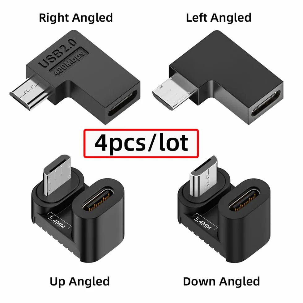 4 szt./partia USB-C USB2.0 typ C żeński na micro USB męski zasilacz do transmisji danych 90/360 stopni typ kątowy