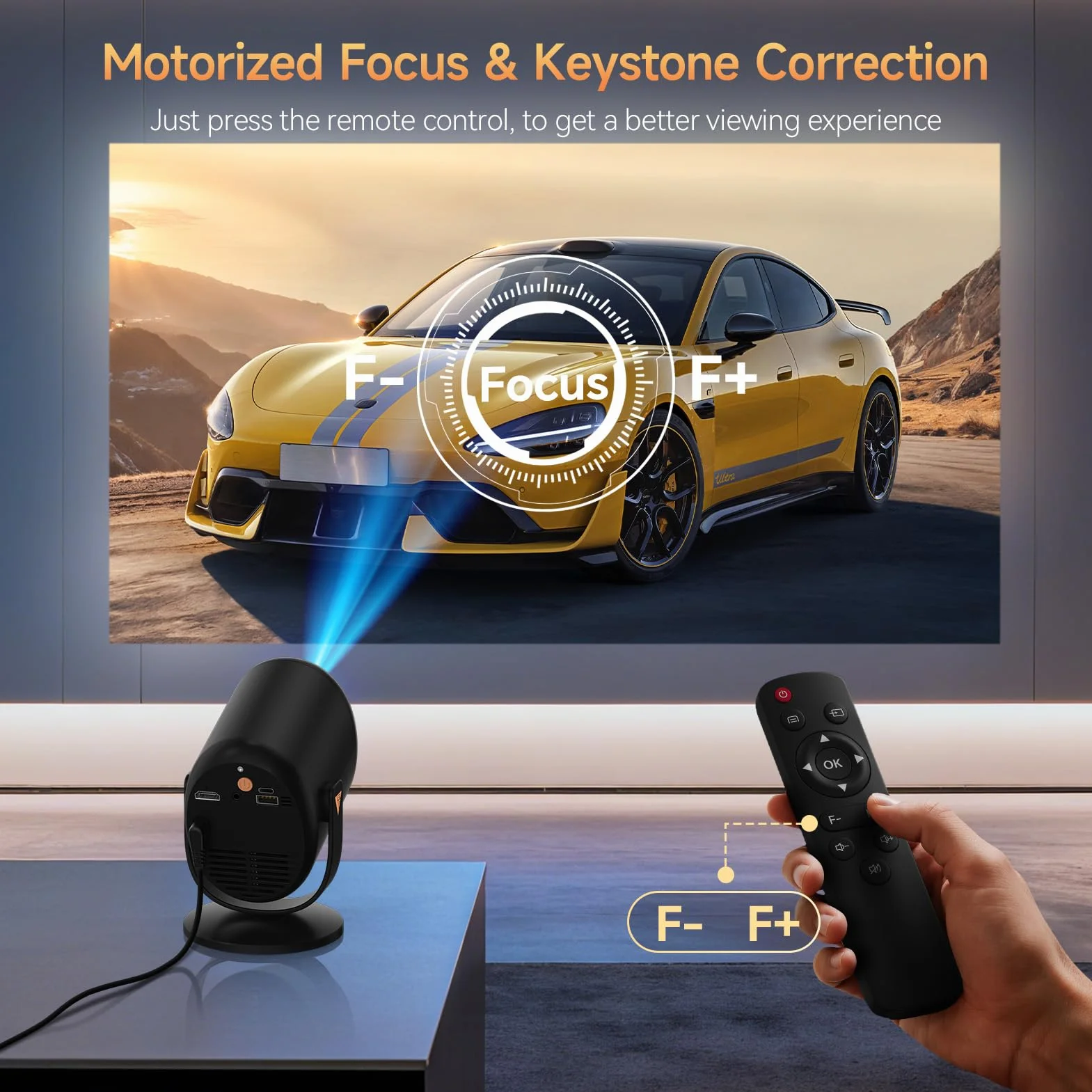 Mini projektor z Wi-Fi i Bluetooth, przenośny projektor Native 1080P, obsługa 4K ze stojakiem regulowanym o 180°, wyświetlacz maks. 180 cali, wbudowane głośniki