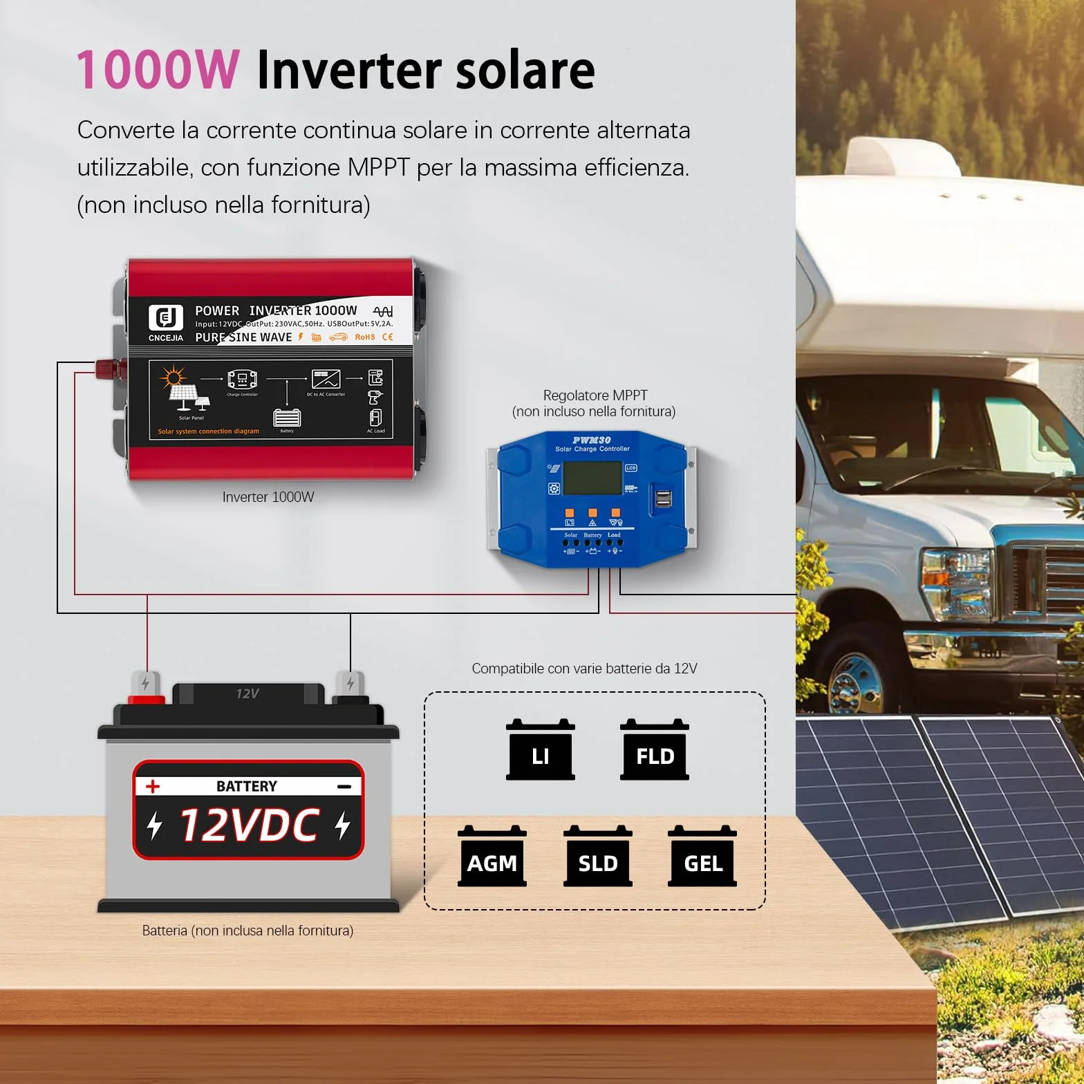 falownik 1000 W, czysty sinus 12 V na 230 V, przetwornica napięcia z 2 portami USB, 2 gniazdami USB, 2 gniazdami LCD, do samochodu, kampera, na kemping (czerwony)