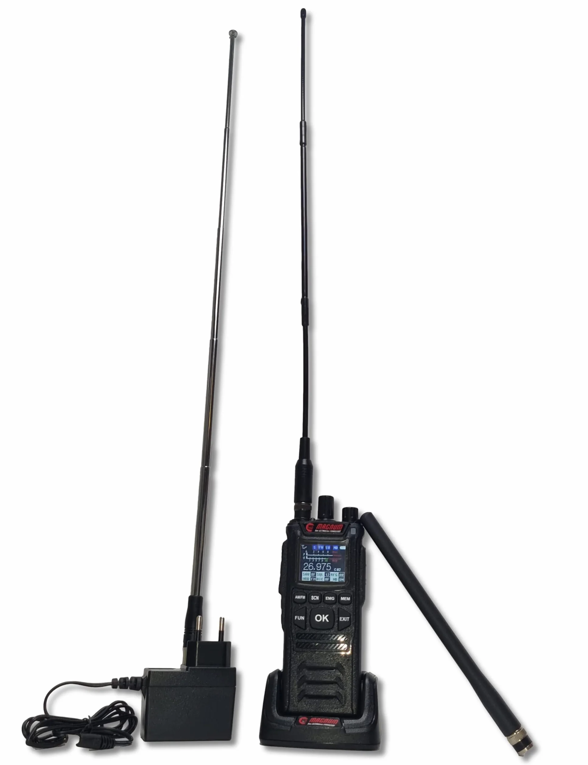 CB CB58 Magnum zestaw radiotelefonów ręcznych z 3 antenami, anteną HyFlex, anteną teleskopową, anteną 20 cm, stacją ładującą, akumulatorem, akcesoriami
