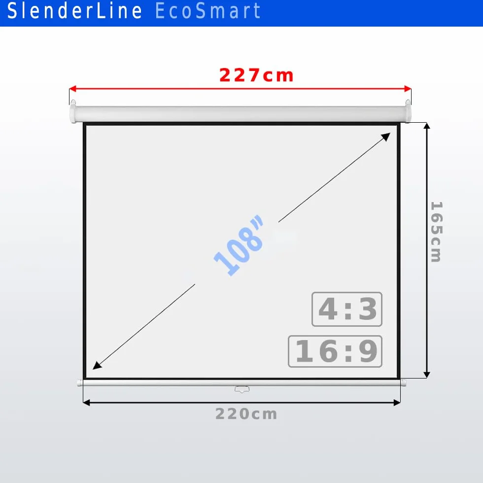 SlenderLine EcoSmart ekran zwijany 220 x 165 cm | 108 cali | format 4:3 | szerokość całkowita: 227 cm | optymalny do inteligentnych i mini projektorów | kino domowe płótno | sufit lub ściana | obudowa