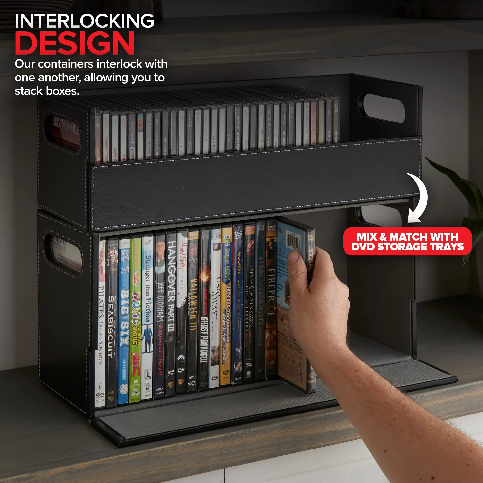 Stock Your Home CD Storage Box, Organizer Shelf for Movie Cases, DVDs, Cassette Tape Display Stand, Disc Holder Can Store Up to 40 CDs, Faux Leather (Black)