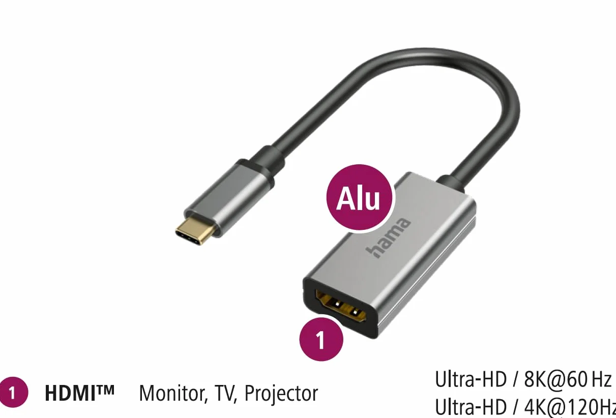 HAMA Adapter Przejściówka USB-C Wtyk - Gniazdo HDMI Ultra HD 8K 60Hz, Kinowa Jakość Obrazu w Twoim Domu