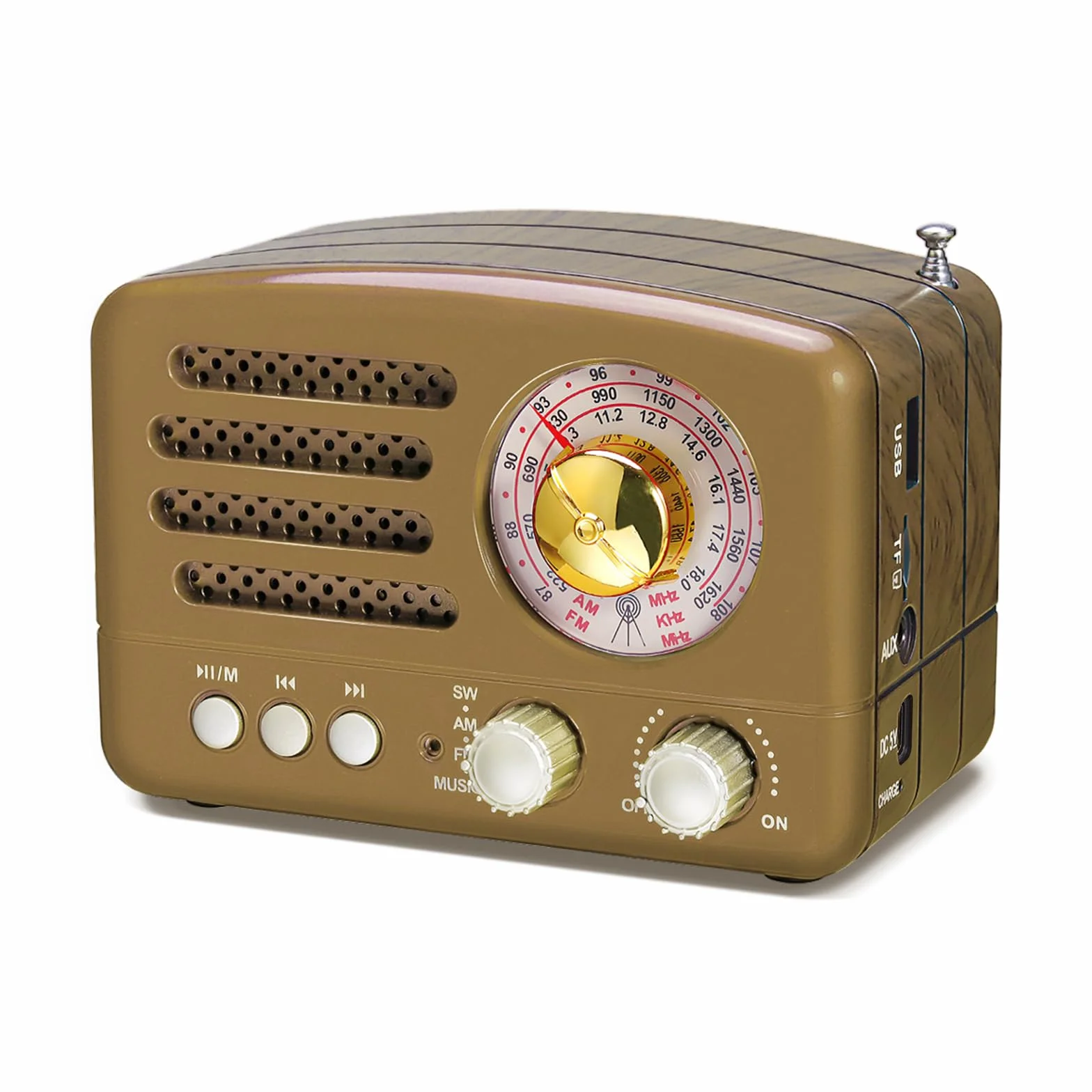PRUNUS J-160 Przenośne radio, vintage Bluetooth FM/AM (MW)/SW, stacja radiowa z bardzo dużym przyciskiem regulacji, radio retro tranzystor obsługa karty TF/AUX/USB (czerwony)