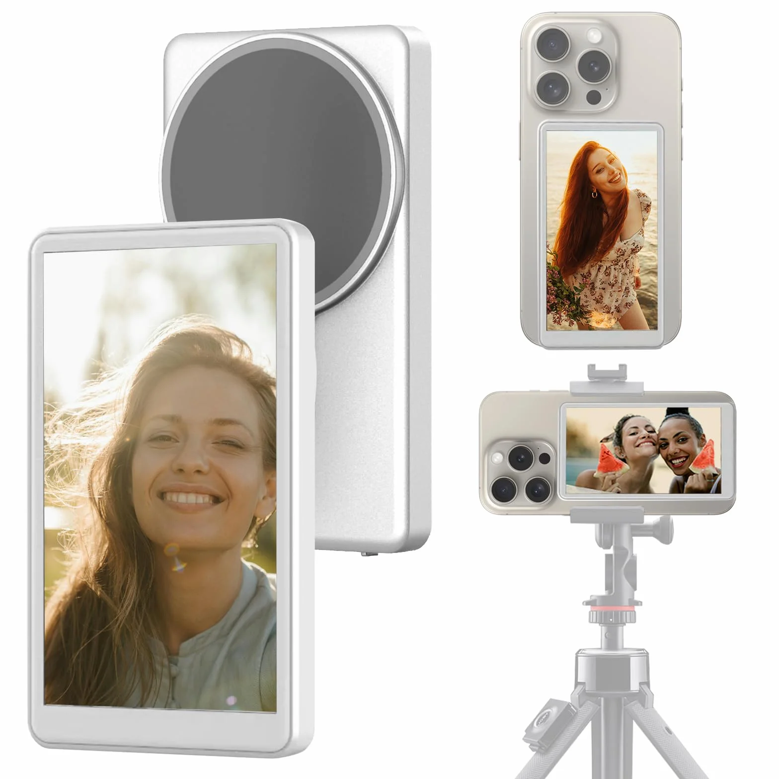 MOJOGEAR VS2 monitor do selfie vlogów kompatybilny z iPhone i Android - biały - bezprzewodowy zewnętrzny monitor 4,02 cala do aparatu głównego, magnetyczny z Mag Safe - w zestawie pilot zdalnego