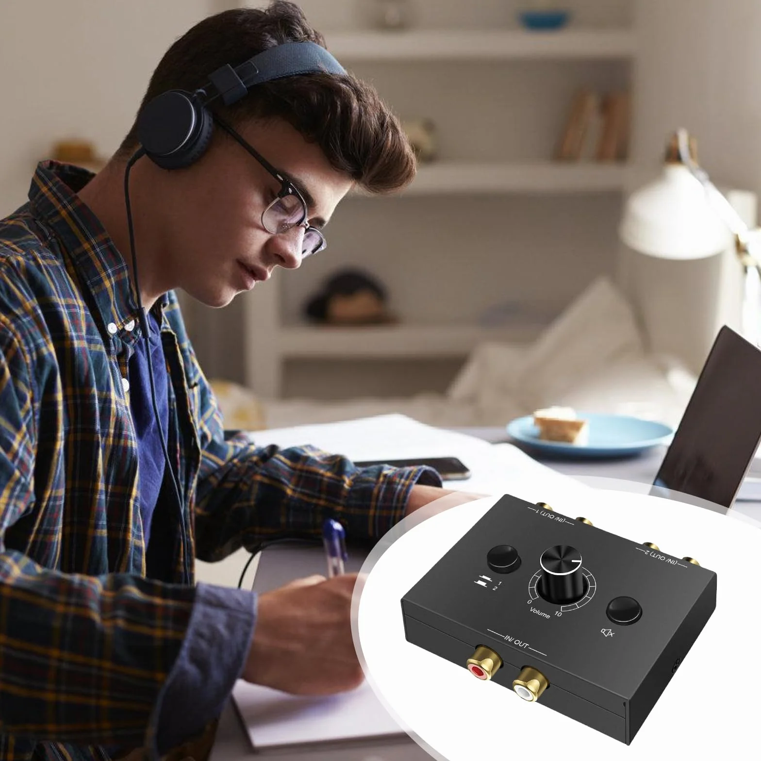 RCA Stereo Audio Switch 2(1)-IN-1(2)-OUT, R/L Regulacja Głośności, dwukierunkowy Aux Sound Selector Splitter Box do odtwarzacza CD, komputera, głośników