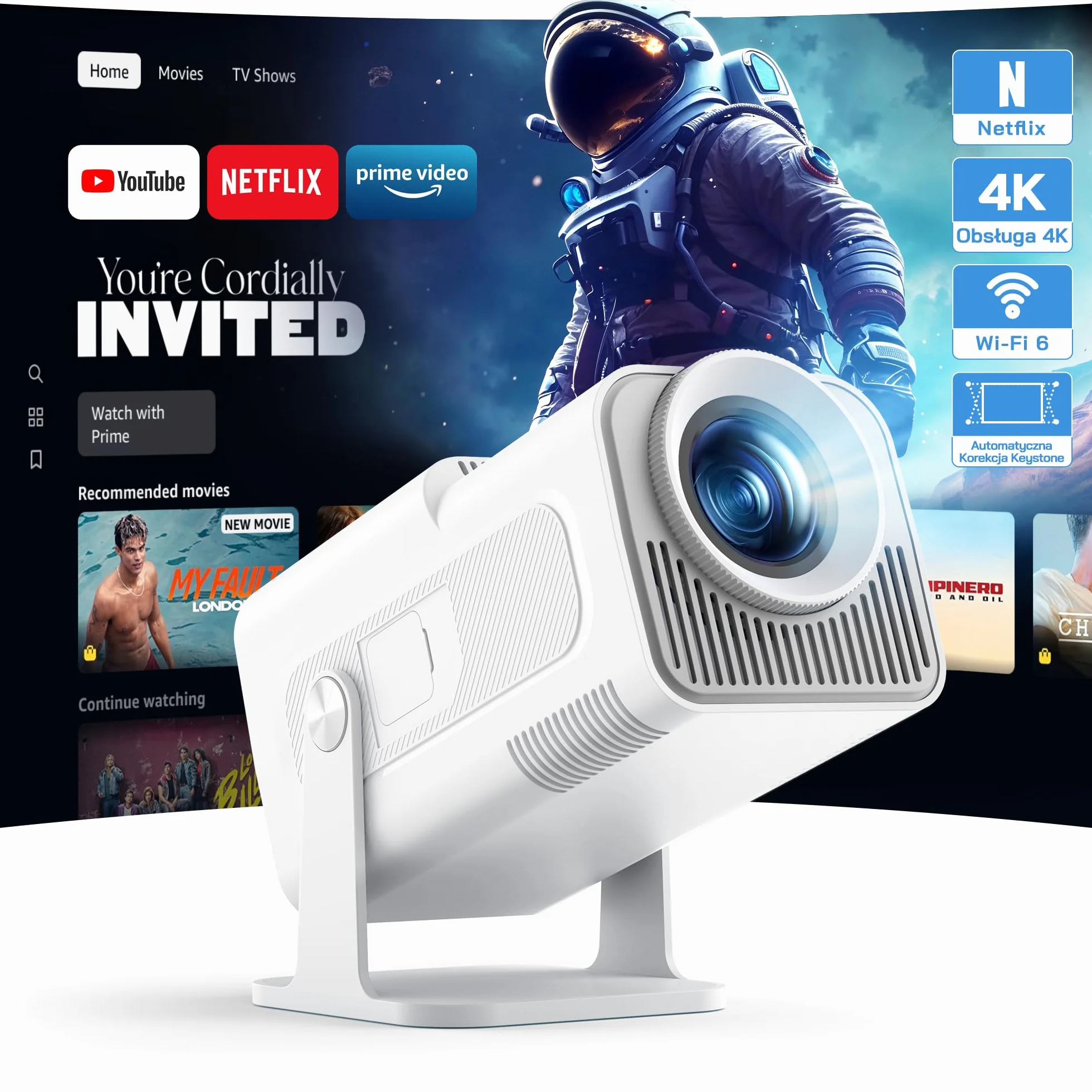 WOLFANG WP03 Mini Projektor 1080P z Aplikacją na Androida, Przenośny Projektor z WiFi i Bluetooth do Kina Domowego, Korekcja Trapezowa Czterech Narożników, Obrotowy o 180° Zewnętrzny Projektor Filmowy