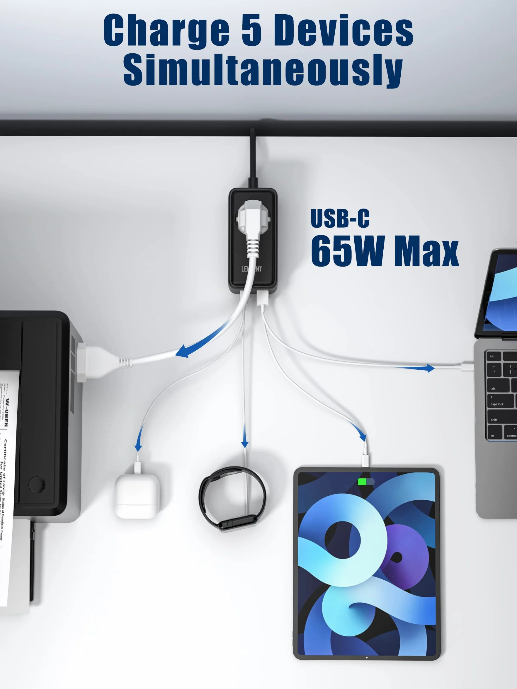 LENCENT 65W Listwa Zasilająca z GaN III Tech, Gniazdko z Przełącznikiem | USB Szybkie ładowanie Gniazdami z 1 AC + 4 USB (2 PD USB-C + 2 USB-A), 5 w 1 Wielokrotna Wtyczka 1.5M Kablem, Czarny