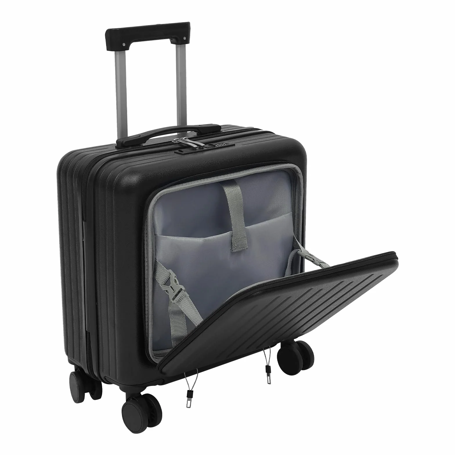 Business Trolley bagaż podręczny 18 cali z kieszenią na laptopa, walizka z kółkami i zamkiem szyfrowym, port USB, kieszeń przednia 180°, walizka pilotka na podróż służbową, czarna, czarny