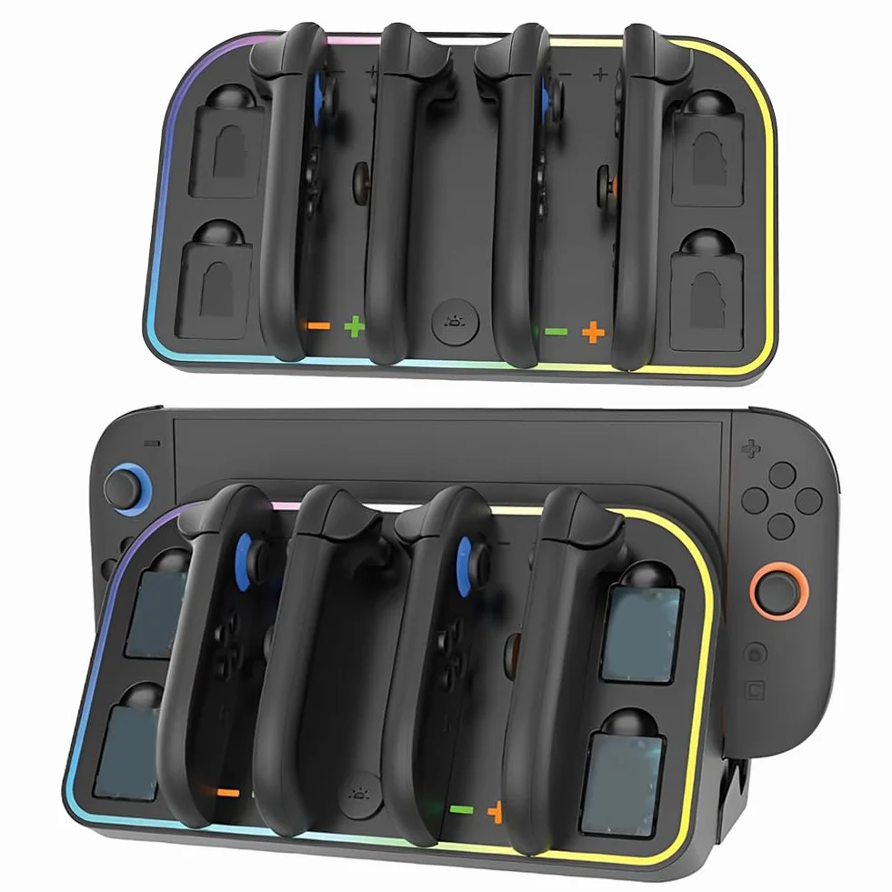 Ścienna stacja ładująca do Switch2 z oświetleniem RGB, możliwość personalizacji, uchwyt na 4 kontrolery i 4 karty