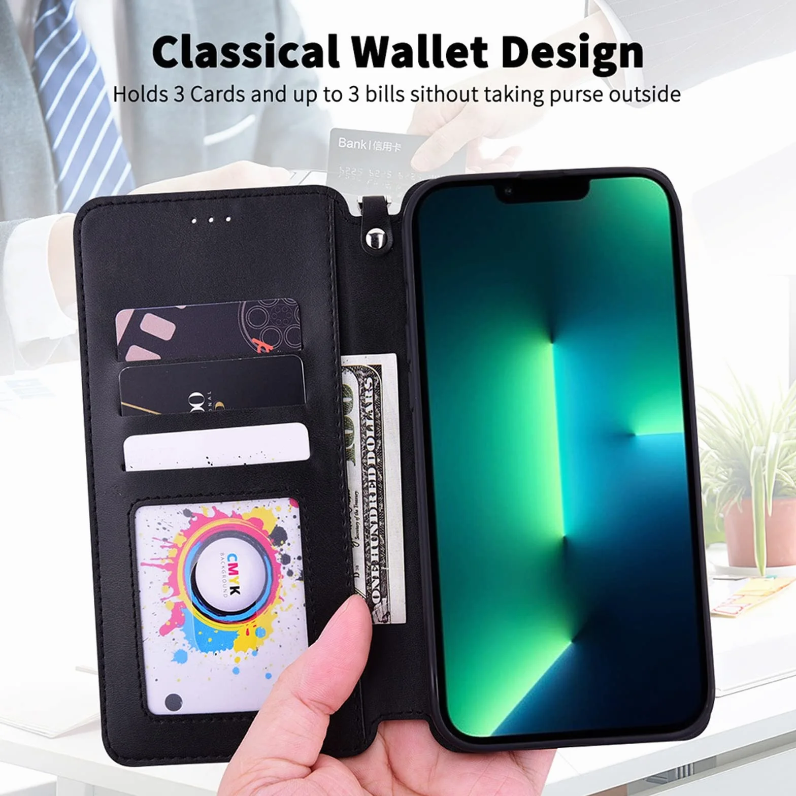 LTL Etui z klapką do iPhone 13/13 Pro/13 Pro Max, wysokiej jakości skórzane etui z klapką, etui z przegródką na karty, podpórka, etui na telefon, magnetyczne, czarne, 13 6,1"