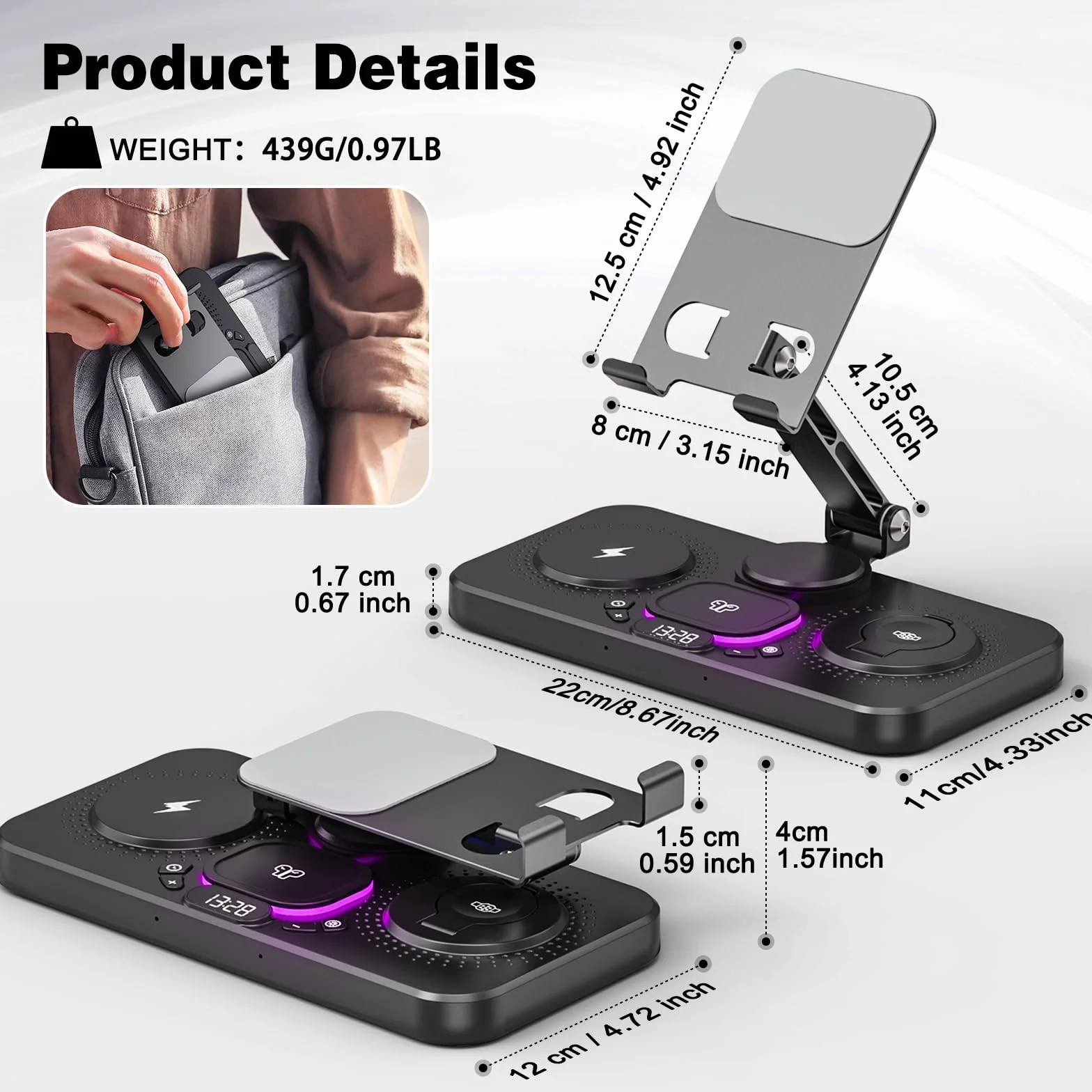 Bezprzewodowa stacja ładująca 4 w 1 do iPhone'a, regulowany stojak na tablet biurkowy z lampką nocną LED, składany stołowy uchwyt na iPada Pro Air Mini, tablety i telefony 10,16 cm-39,62 cm