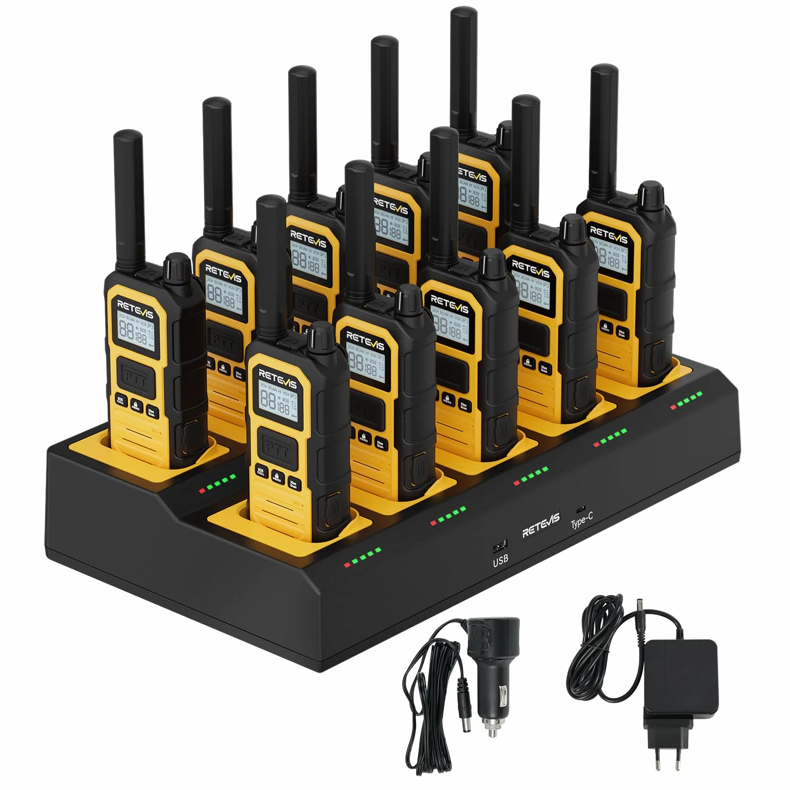 Retevis RB648 Plus Radiotelefony o Dużym Zasięgu, Wodoszczelne IP67 z 10-drożną ładowarką, 2000 mAh, Krótkofalówki dla Dorosłych z Czystym Dźwiękiem do Zastosowań Budowlanych (10 Szt., żółte)