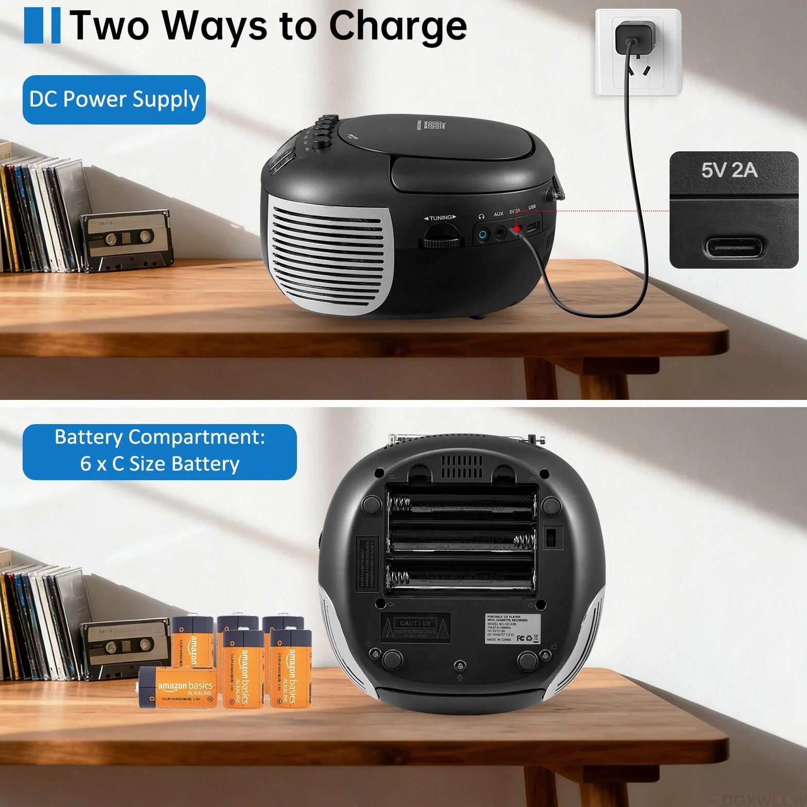 Zestaw odtwarzaczy CD i kasetowych, odtwarzacz CD Boombox z radiem FM/Bluetooth/AUX/USB/nagrywanie taśmy, pilot zdalnego sterowania, gniazdo słuchawkowe, wyświetlacz LCD, podwójny dźwięk