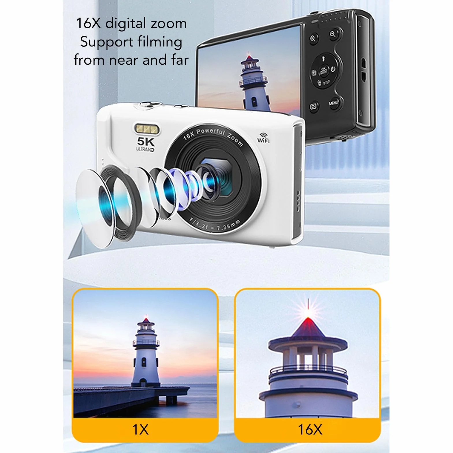 Aparat Cyfrowy, 5K 72MP UHD Autofocus WiFi z 16x Zoom, Ekran 2,8 Cala, Błyskowa, Kompaktowy dla Vlogu, Karta 64 GB (64GB)