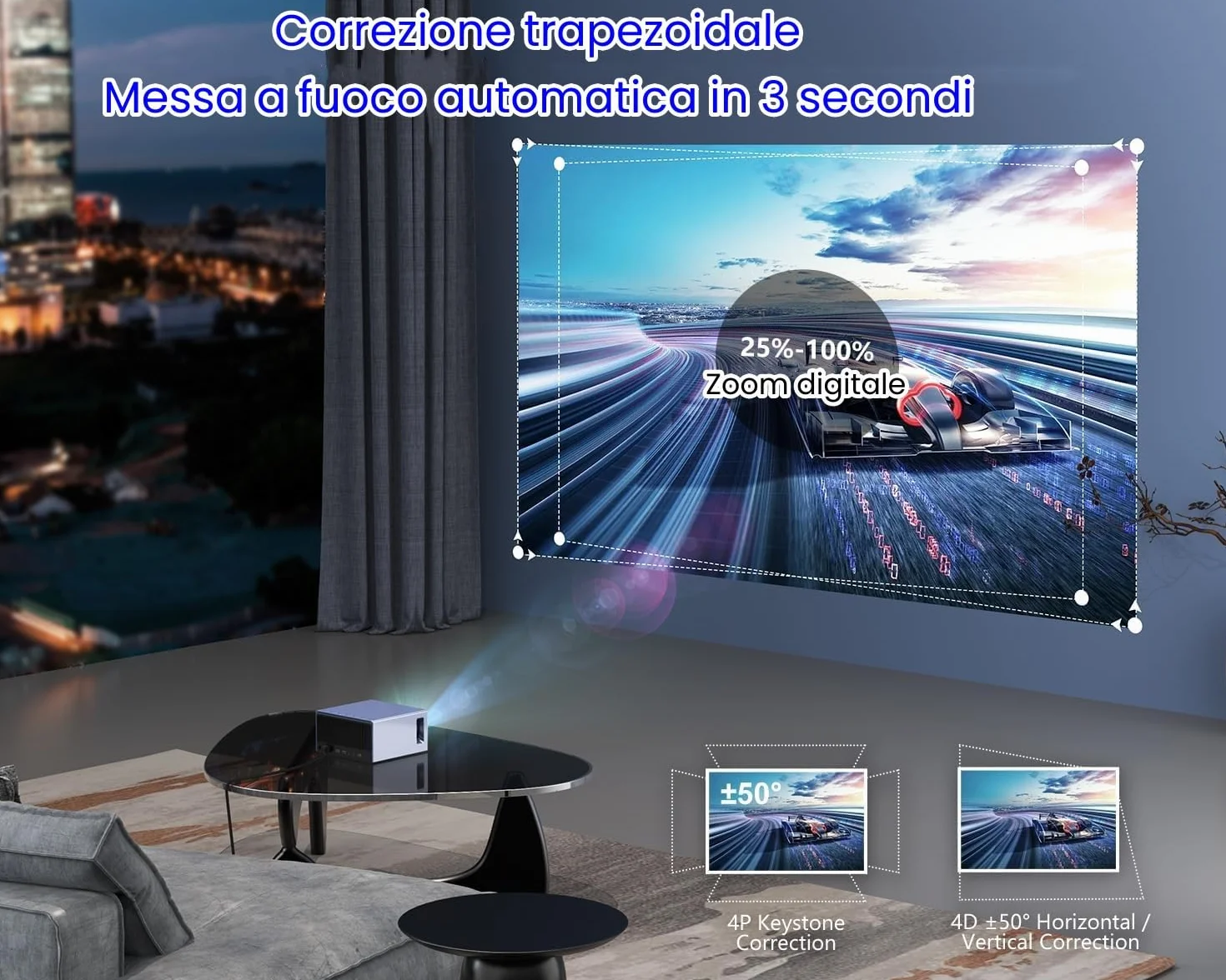 Auto Focus / Keystone. Projektor 4K, WiFi 6 Bluetooth 5.3, 1080P Nativo Full HD, projektor kina domowego 4k do smartfona, Fire TV, PS5, Switch