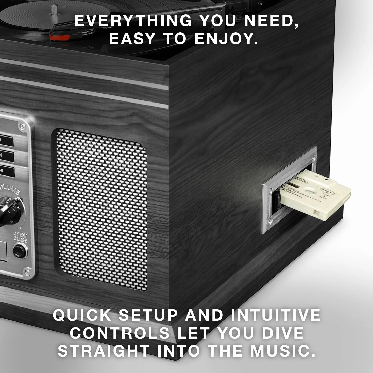 Victrola The Quincy – Gramofon Bluetooth 6 w 1 z wbudowanymi głośnikami, talerz obrotowy 3 prędkości, odtwarzacz CD i kaset, radio AM/FM, bezprzewodowe przesyłanie muzyki (Mahogany)