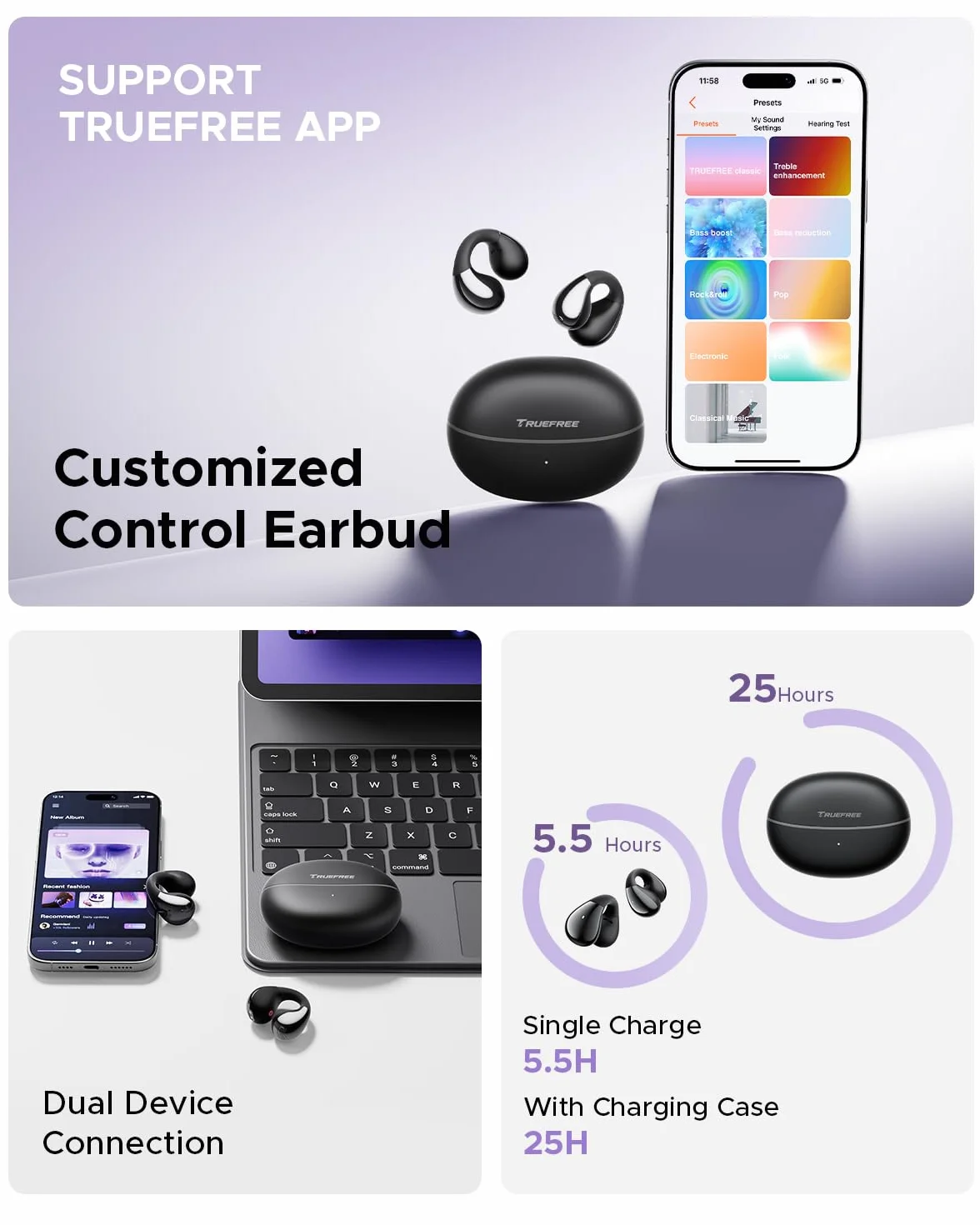 Truefree B1 Clip-On Bezprzewodowe Słuchawki Otwarte 10,8 mm Podwójny Magnetyczny Driver Dźwięk Przestrzenny 25H Czas Gry Połączenie Multipoint AI-ENC