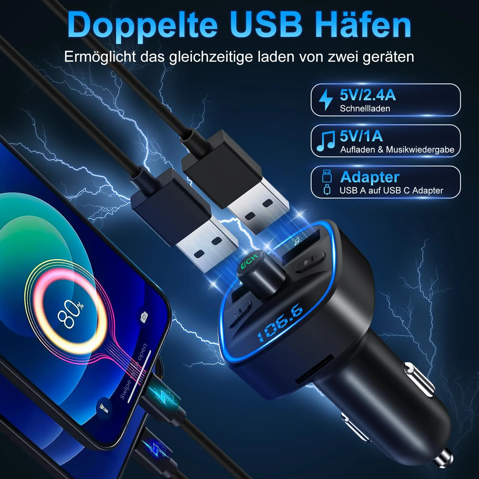 Transmiter Bluetooth 5.3 FM, samochodowy adapter Bluetooth, radio, 2 USB ładowarki LED, samochodowy ładowarka, odtwarzacz muzyczny, zapalniczka z głośnikiem