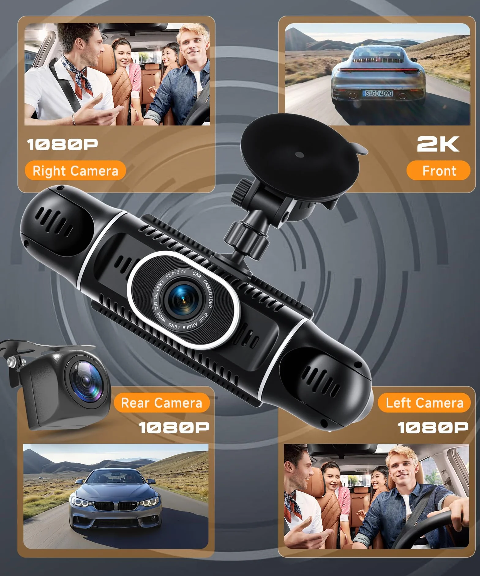 360° 4-kanałowa kamera przyrządowa samochodowa przednia i tylna lewa prawa 2K + 1080P, 3-calowy ekran IPS, kamera instrumentalna WiFi z noktowizorem na podczerwień, WDR, sterowanie aplikacją, czujnik