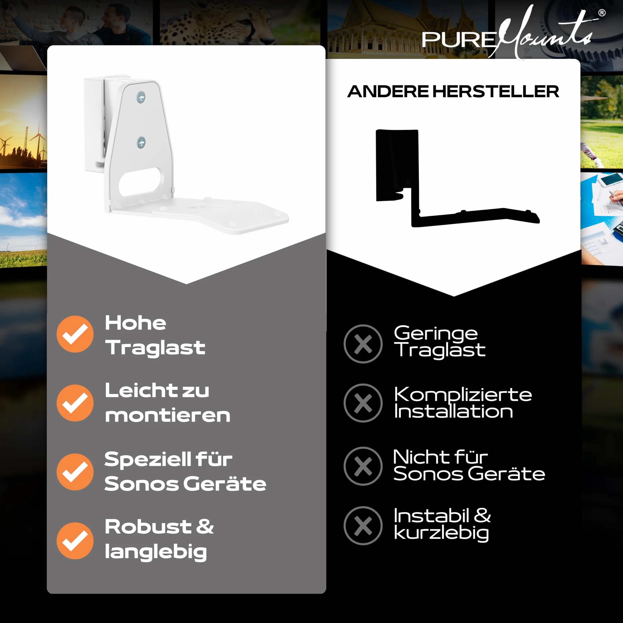 PureMounts Uchwyt na głośniki do Sonos Era 300, uchwyt ścienny na głośnik z zarządzaniem kablami, wychylny +/-45°, udźwig 3 kg, biały