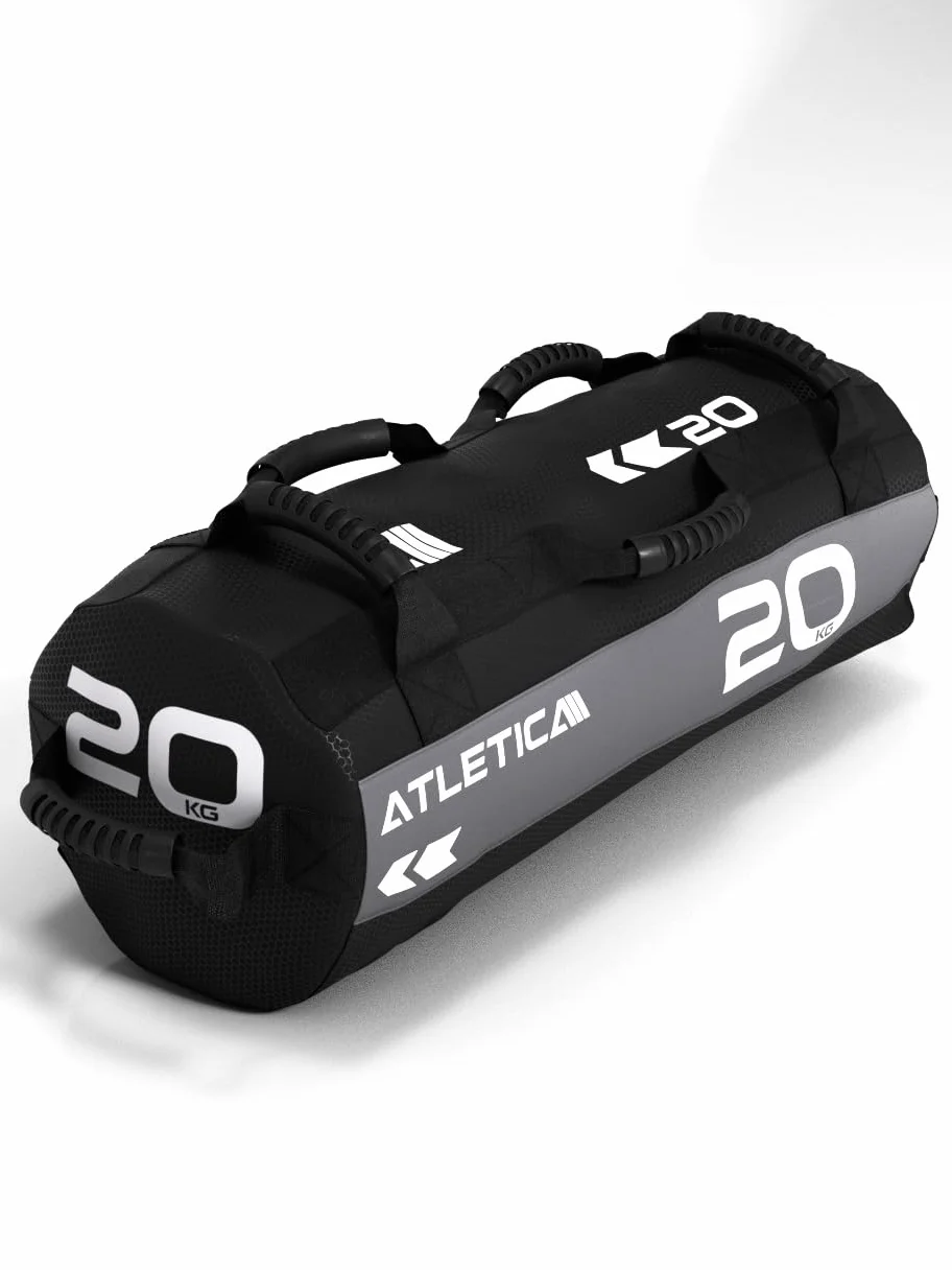 Atletica Worek na piasek 20 kg, worek do treningu funkcjonalnego całego ciała, wytrzymały nylon Cordura, 7 uchwytów