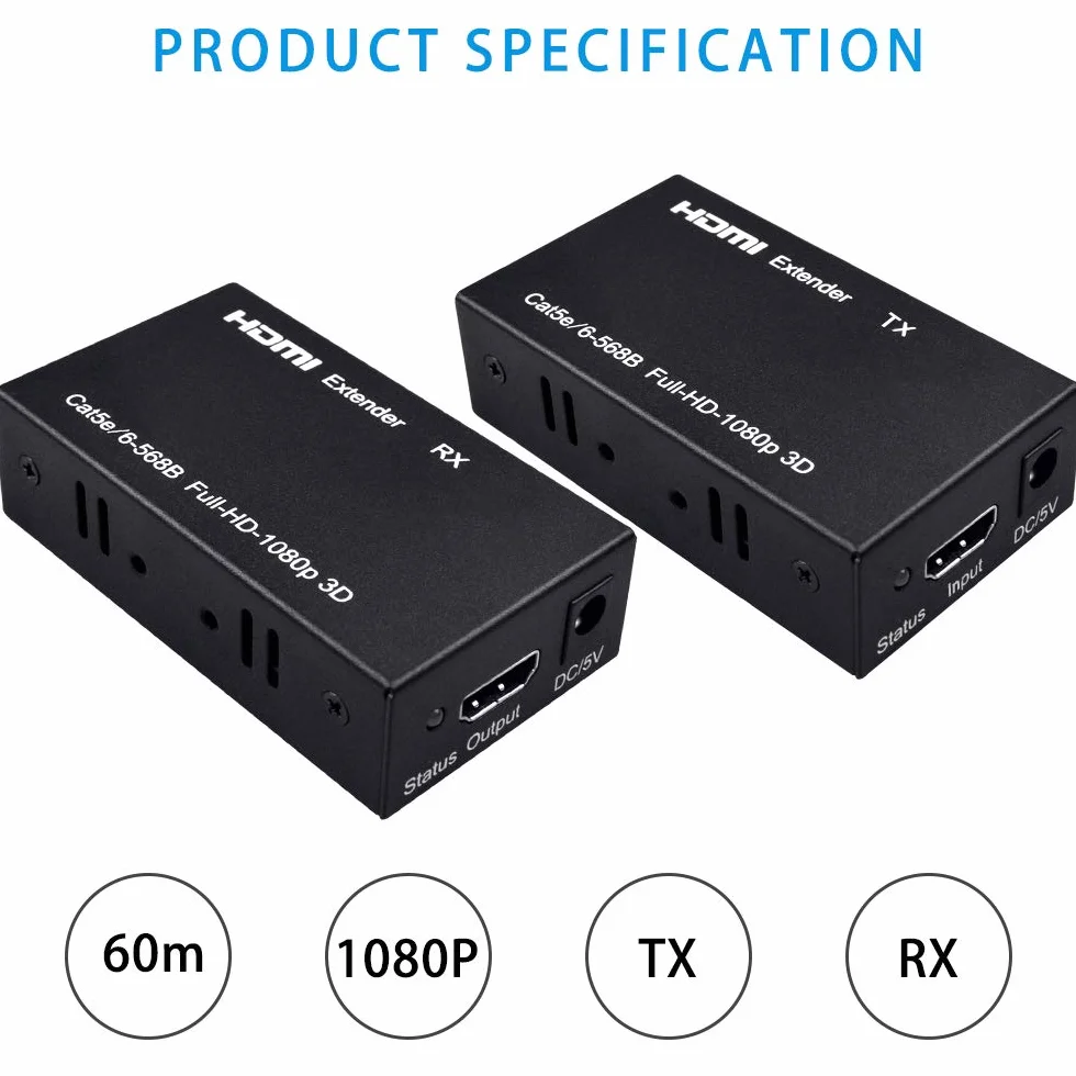 Przedłużacz HDMI 200 ft HDMI na RJ45 Ethernet przez kabel Cat5e/Cat6 Transmisja nadajnika HDMi obsługuje 1080P 3D HDCP EDID POC (wymaga zasilania tylko dla nadajnika)