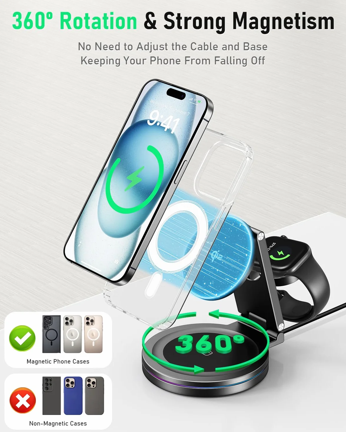 2025 Ulepszona składana obrotowa stacja ładująca Qi2 ze stopu cynku 3 w 1, magnetyczna bezprzewodowa stacja ładująca, do Apple iPhone 12~16, iWatch, AirPods i telefonów Samsung oraz słuchawek