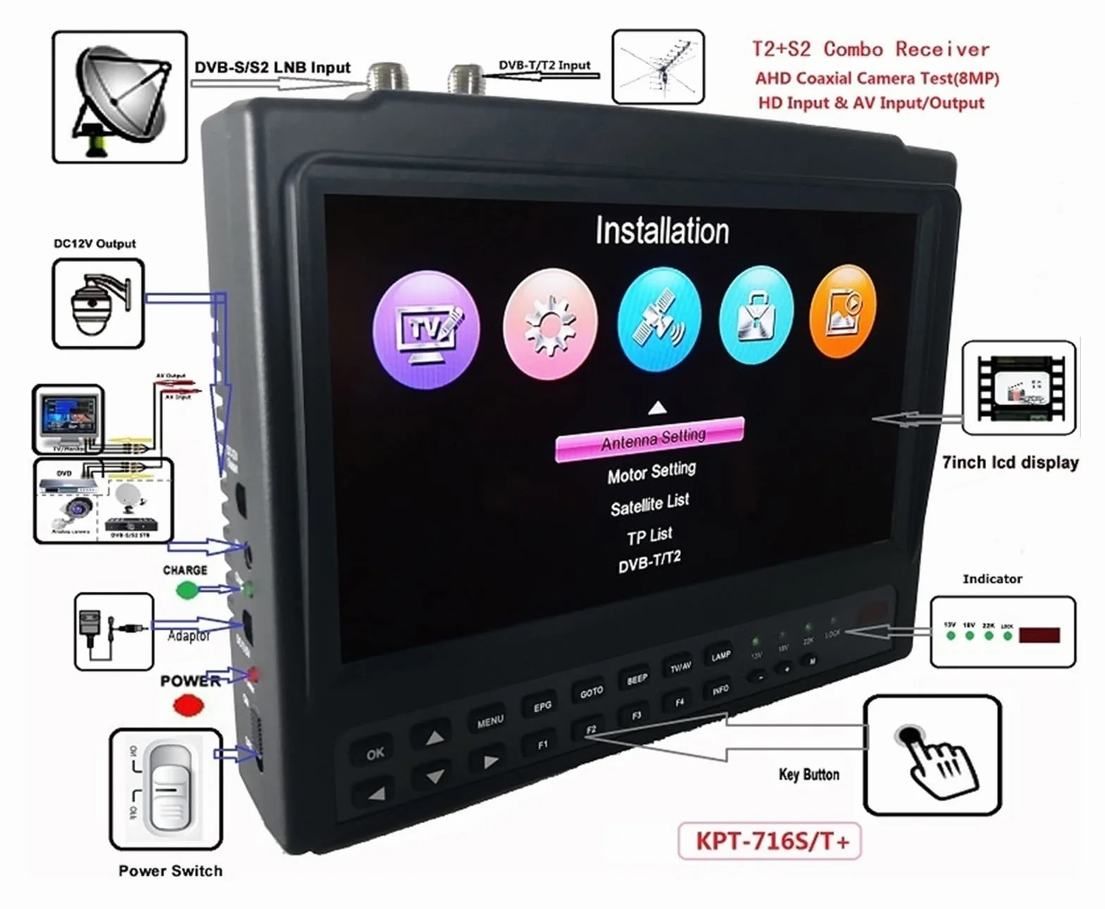 Wyszukiwarka Satelitów, KPT-71. 6TS. Wyszukiwarka satelitarna CCTV Camera LCD 4,3 cala DVB-S / S2 Test sygnału z USB AV