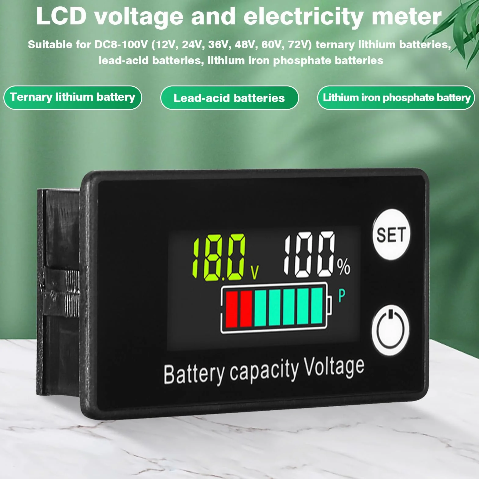 DEWIN Wskaźnik naładowania akumulatora 12 V, monitor pojemności baterii, wyświetlacz LCD, miernik napięcia akumulatora z alarmem do samochodów, łodzi, DC 8-100 V