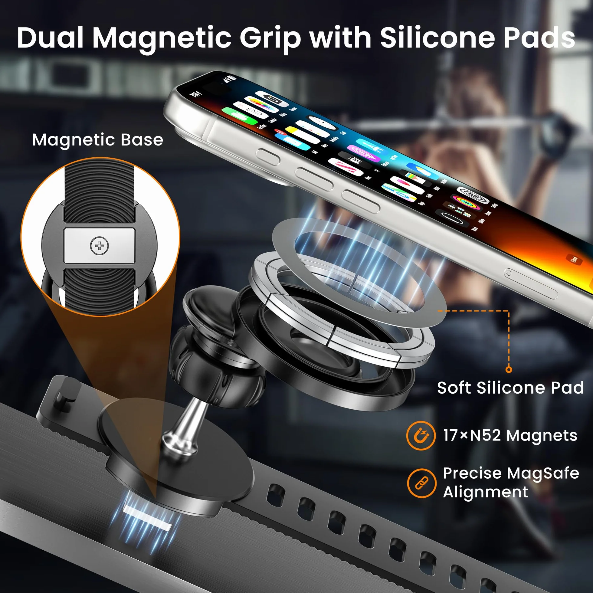 Itramax Uchwyt na Telefon do Wózka,360° Magnetyczny Uchwyt,Regulowany Pasek,Na Kierownicę Roweru/Gym dla Magsafe iPhone 17 16 15 14 13 12,Smartfony,Peloton,Bieżnia,Wózek,Wózek Sklepowy/Golfowy