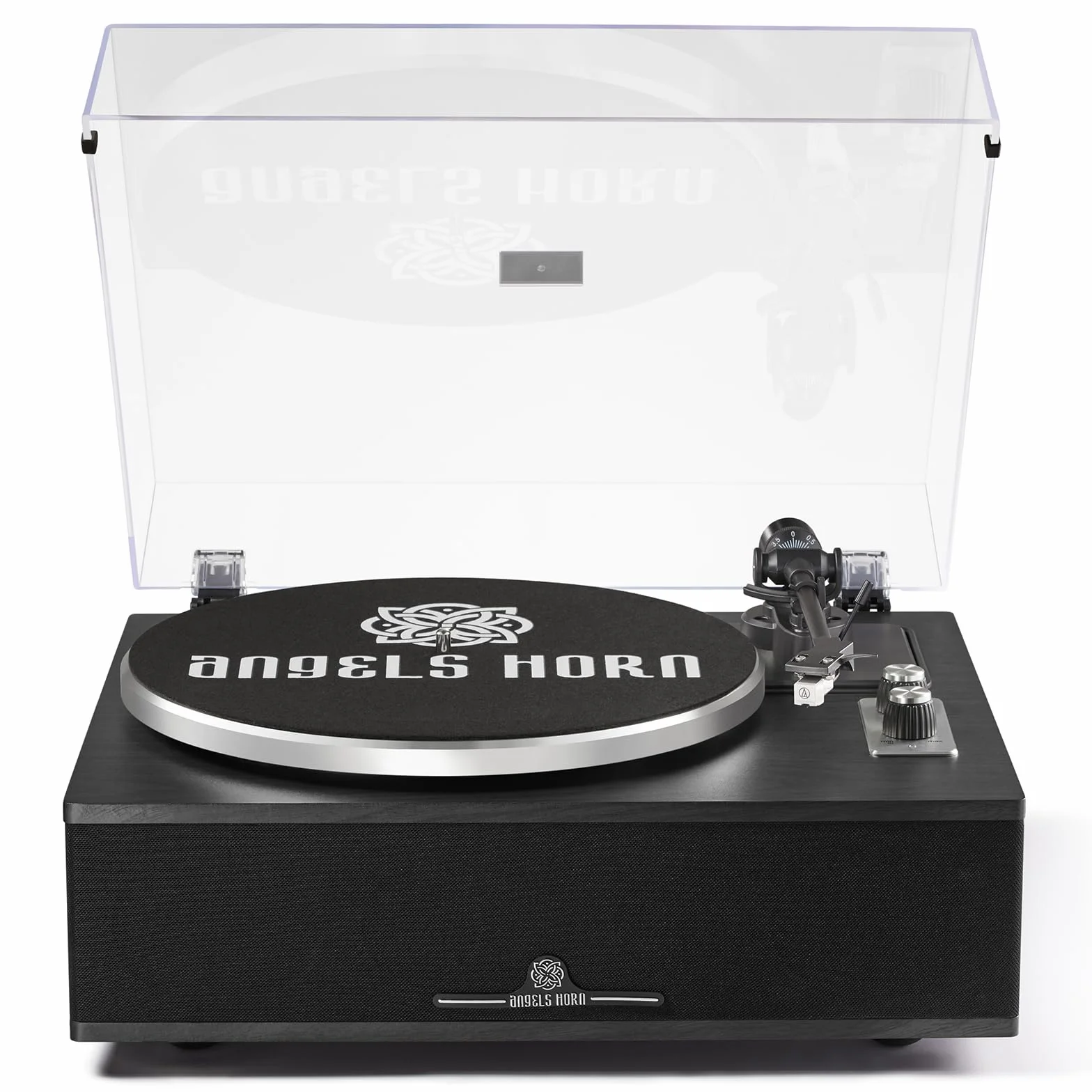 ANGELS HORN Bluetooth Hi-Fi Gramofon z Wbudowanymi Głośnikami | Wbudowany przedwzmacniacz phono, wkładka magnetyczna AT-3600L, napęd paskowy 33/45 RPM i regulowana przeciwwaga