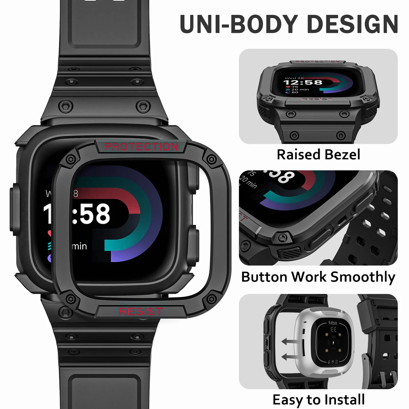 Fintie Paski z etui kompatybilne z Fitbit Versa 4/3 / 2/1 / Versa Lite/Fitbit Sense 2 / Sense, etui ochronne, pasek sportowy, dla mężczyzn