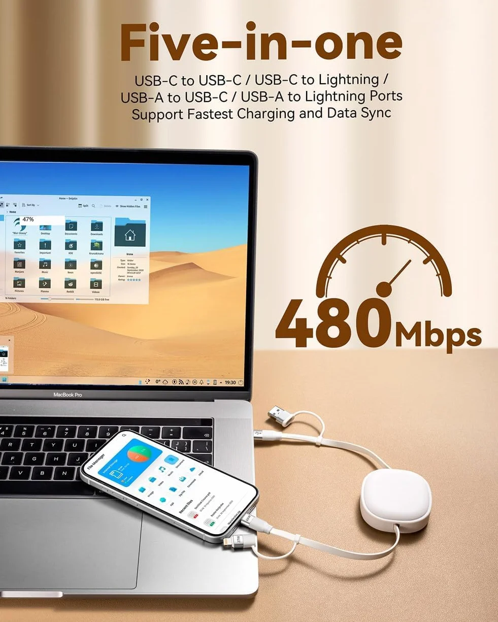 Minlu Kabel do ładowania Multi 65 W, zwijany kabel do ładowania 5 w 1, szybkie ładowanie, kabel do ładowania Multi USB z transferem danych, USB C na USB C [65 W] + Lightning [27 W] do iPada, Samsunga | Multi kabel do ładowania z transferem danych, USB C n
