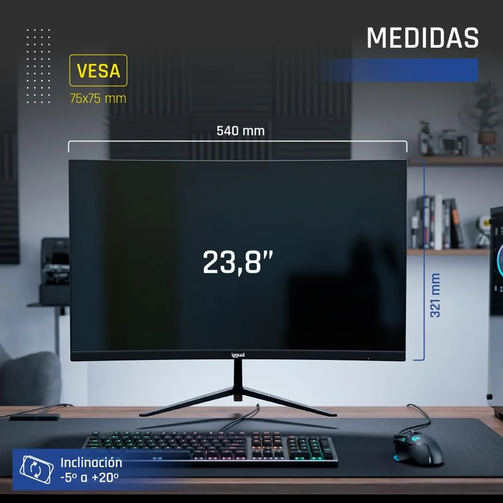 iggual Profesjonalny monitor 23,8" z wbudowanymi głośnikami- Panel IPS(1920x1080)@120Hz (FHD)-odpowiedź 1ms- Bezramowy ekran 99% sRGB-Połączenia: VGA i HDMI-Flicker Free-Compatible VESA -Czarny