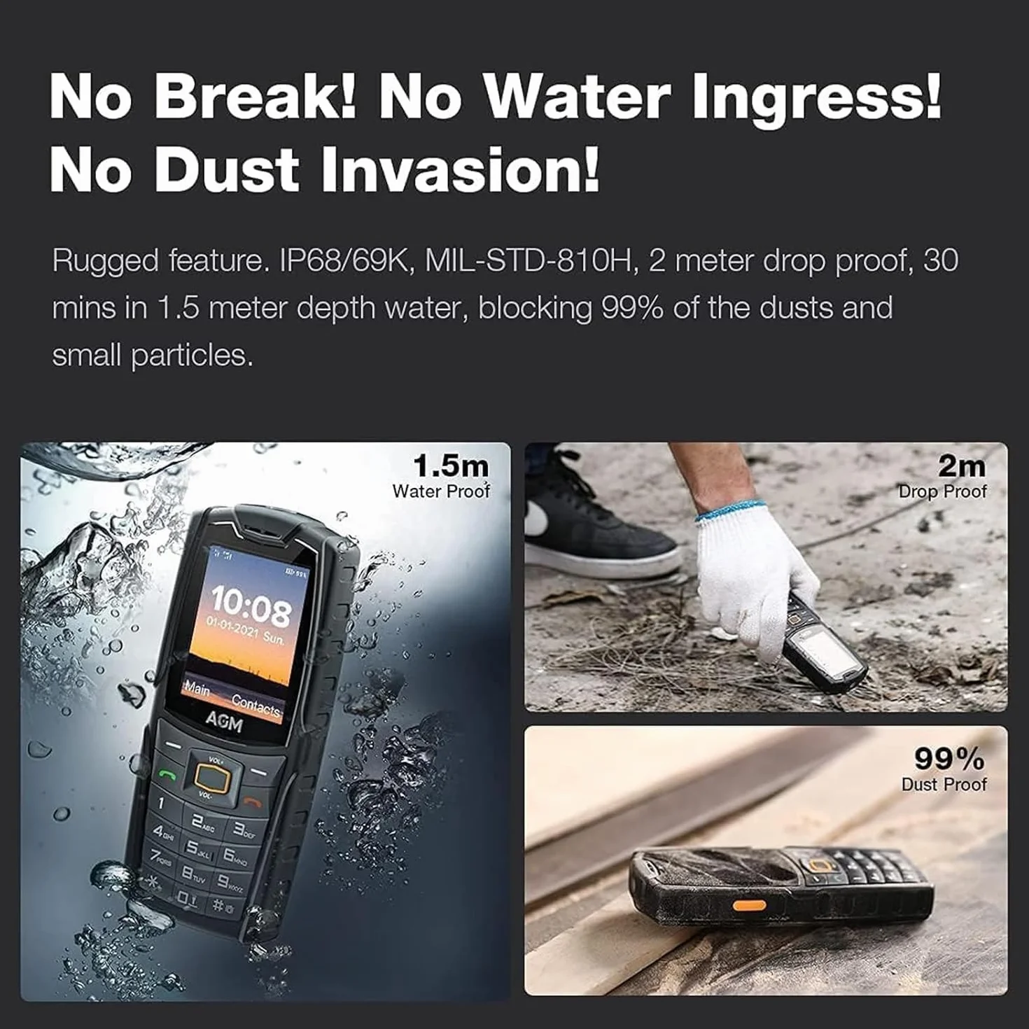 AGM M6 SE telefon komórkowy outdoorowy bez umowy, wytrzymały, kolorowy wyświetlacz 2,4", duża czcionka i duży przycisk, akumulator 1500 mAh 48 MB + 128 MB, wodoszczelny (IP68/IP69K), 4G Dual SIM
